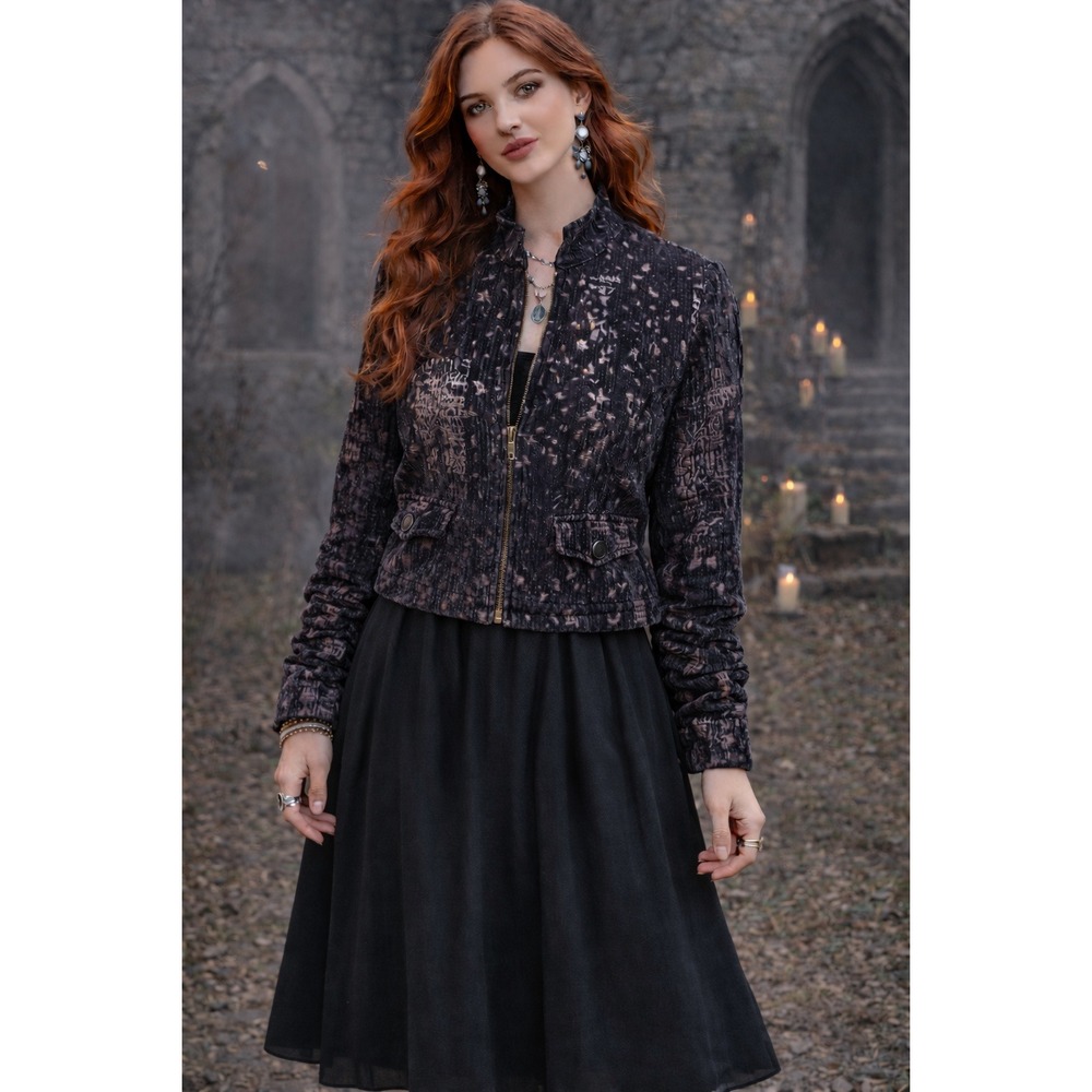 Whimsigoth Fairygrunge Career VelvetCorduroy Black MauveGlitter Zipper S‎ Jacket